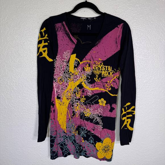 Christian Audigier Tops - Christian Audigier Crystal Rock Y2K Shirt Womens Medium Tokyo Sun Cherry Blossom
